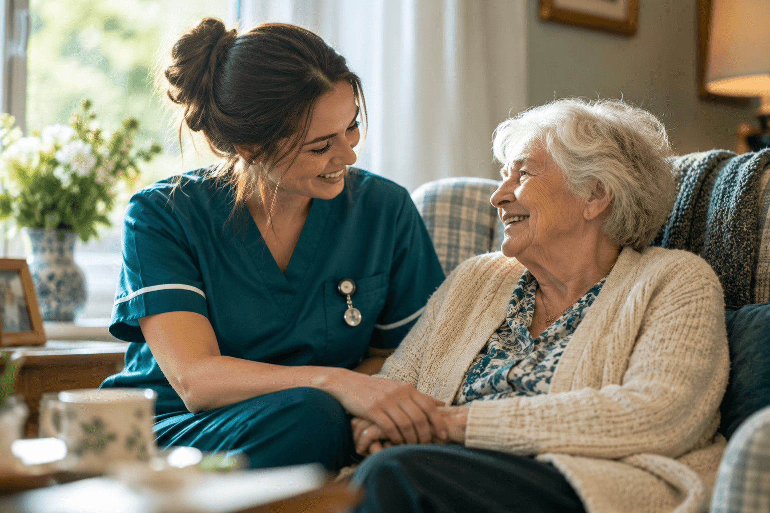 Healthcare professional sharing a warm moment with an older person
